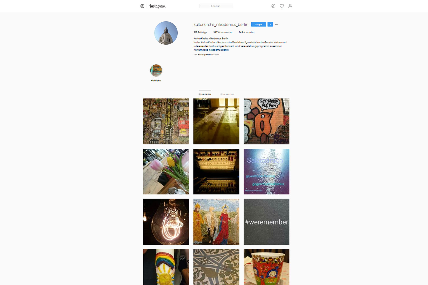 Instagram-Account der Kulturkirche Nikodemus. Praxisprojekt von Melanie Weber in der FCZB-Fortbildung Content- und Social-Media-Management Instagram-Account der Kulturkirche Nikodemus. Praxisprojekt von Melanie Weber in der FCZB-Fortbildung Content- und Social-Media-Management