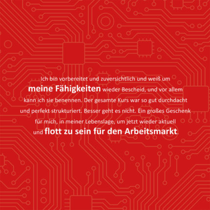 rote Farbkachel mitTeilnehmerinnen-Zitat