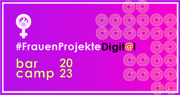 Violette Hintergrundgrafik mit Schrfitzug #FraueneProjekteDigital Barcamp 2023