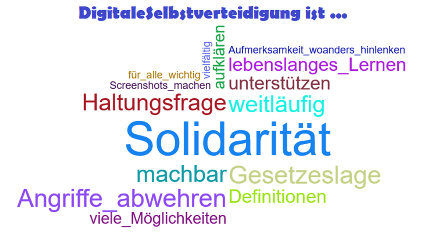 Wortwolke zum Thema Digitale Selbstverteidigung. Erstellt von den Teilnehmenden der Masterclass DigitalAngels. Wortwolke zum Thema Digitale Selbstverteidigung. Erstellt von den Teilnehmenden der Masterclass DigitalAngels.