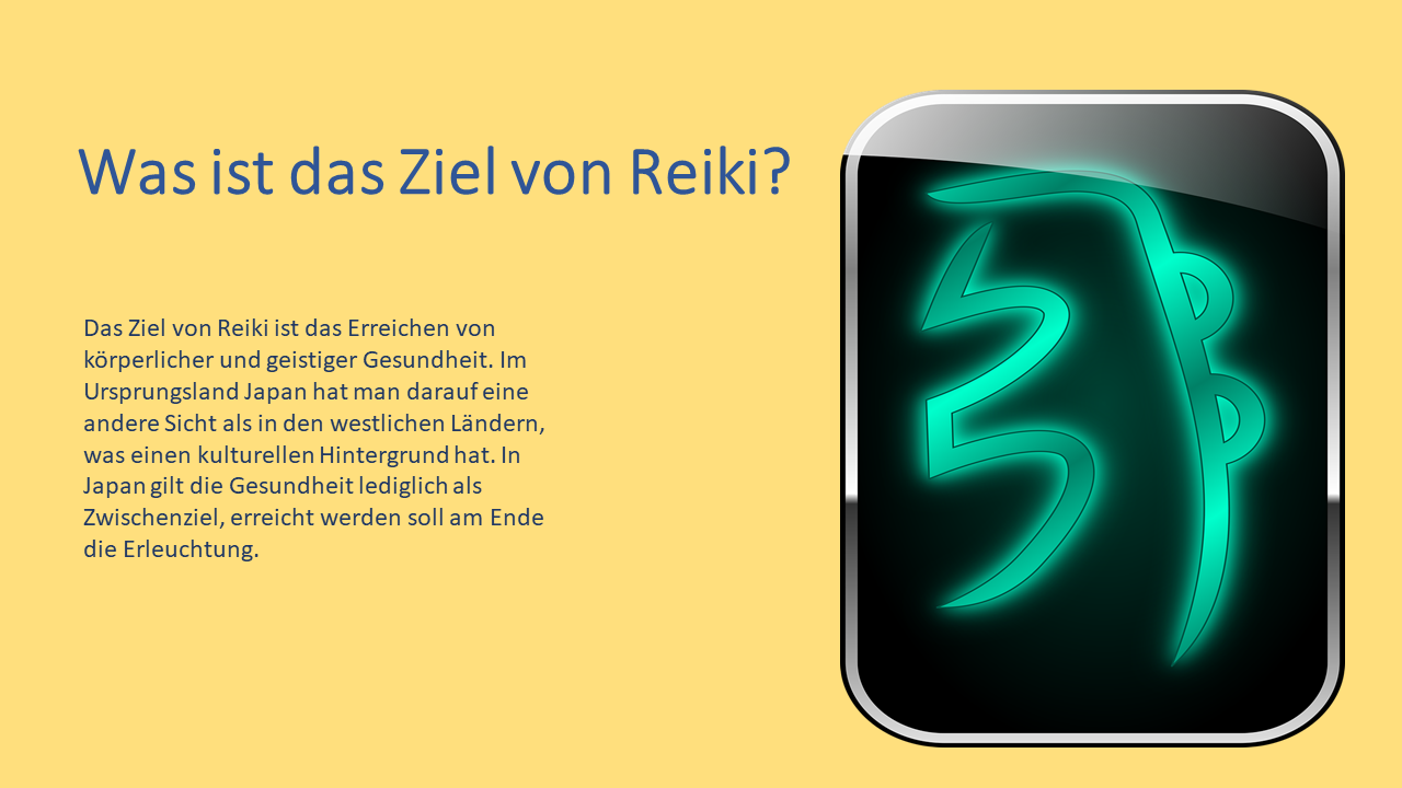 Folie aus einer PowerPoint-Präsentation zum Thema Reiki, einer japanischen Heilmethode.