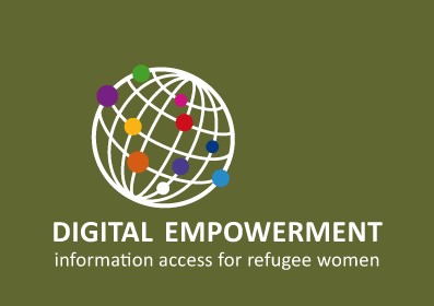 Projekt Visitenkarte Digital EMPOWERMENT information access for refugee women in englischer Sprache. Oliver Hintergrund und mit dem Logo - abstrakter Globus mit weißen Linien und aufgesetzten farbigen Punkten.